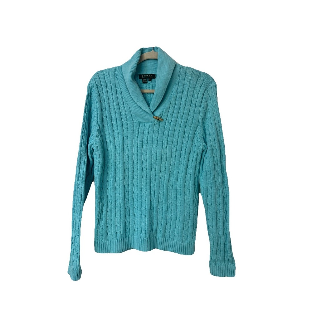 Lauren RALPH LAUREN Cable Knit Shawl Collar Sweater Blue Size L Preppy Old Money